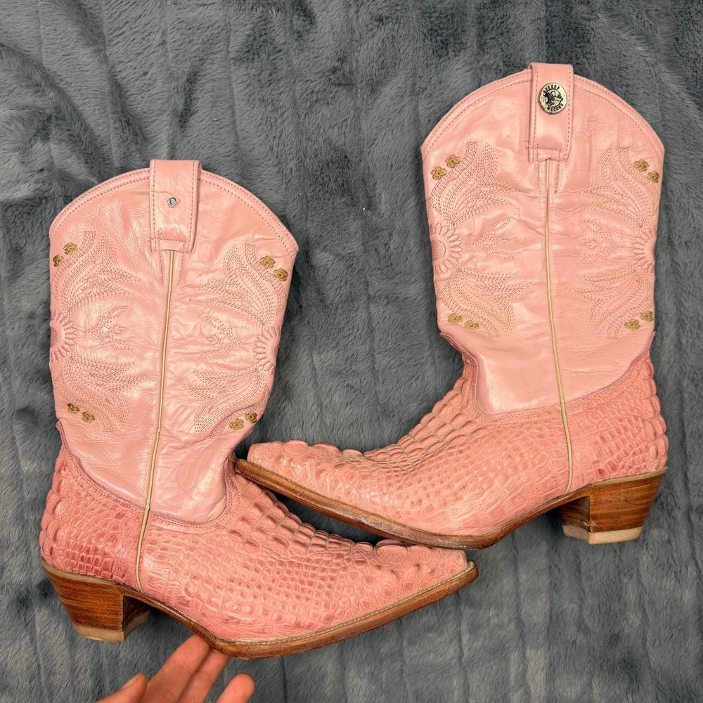 Rogers Boots Western Cowboy Boots Women 6.5 Pink Alligator Print Pointed Toe